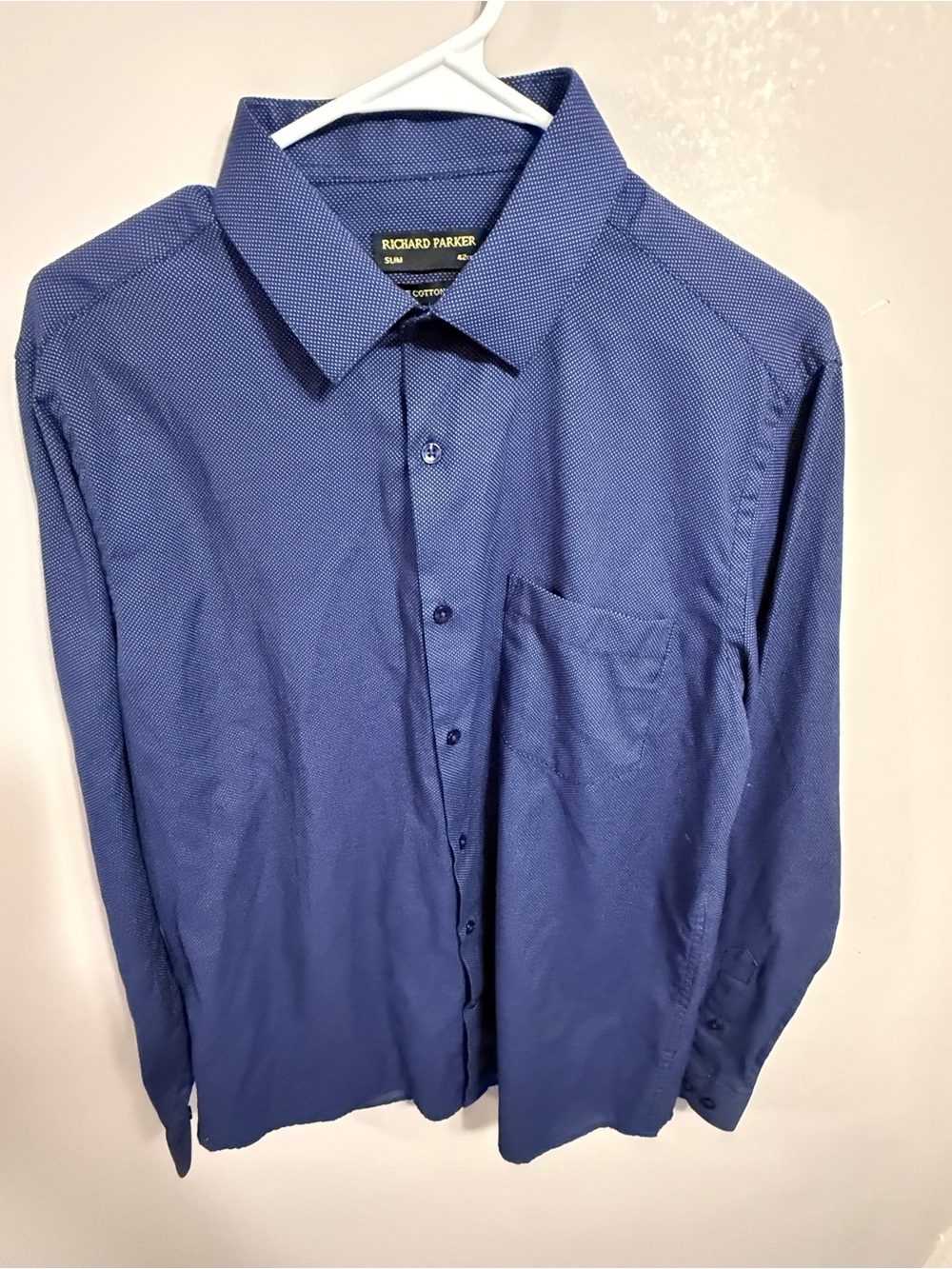 Men's Blue Long-Sleeve Dress Shirt with Point Collar - Picture 3 of 13